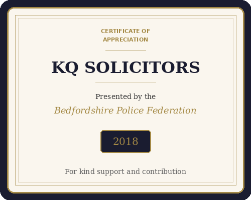 Certificate of Appreciation from Bedfordshire Police Federation, 2018