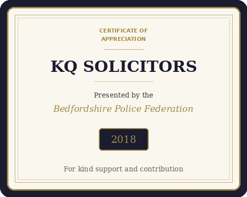 Certificate of Appreciation from Bedfordshire Police Federation, 2018