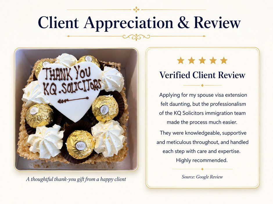 Spouse visa extension client thank-you cake for KQ Solicitors immigration team