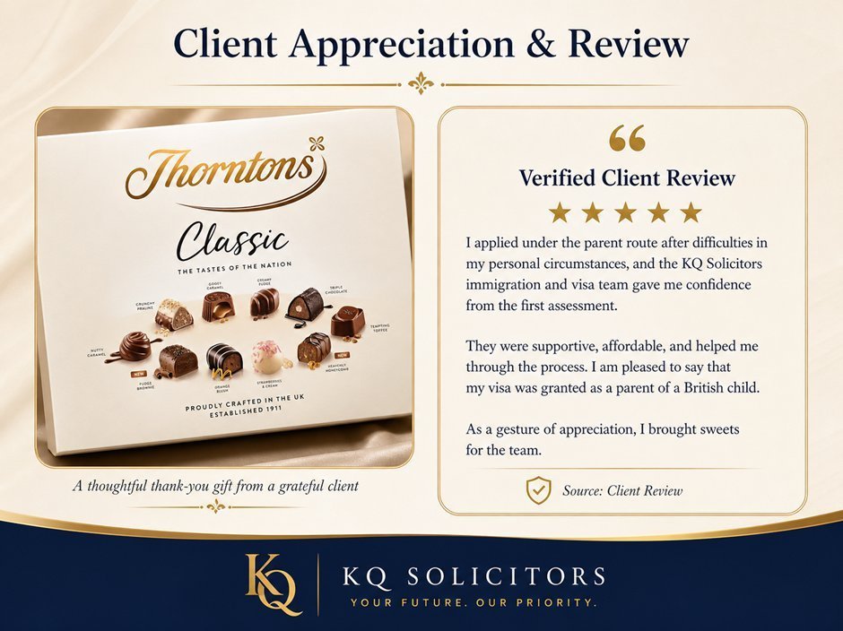 Parent route client thank-you chocolates for KQ Solicitors team