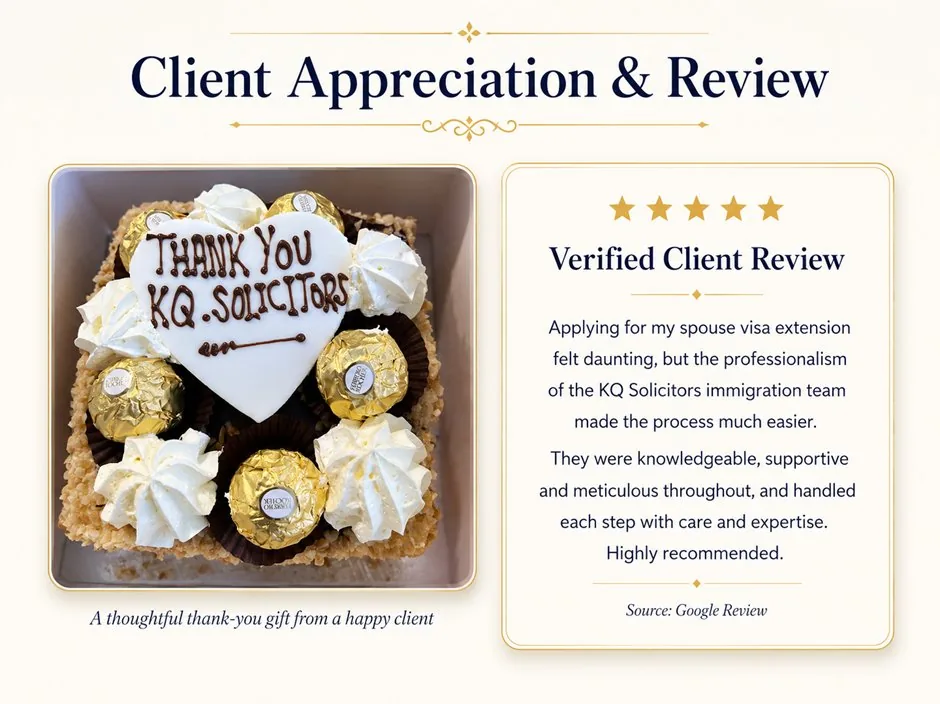 Spouse visa extension client thank-you cake for KQ Solicitors immigration team