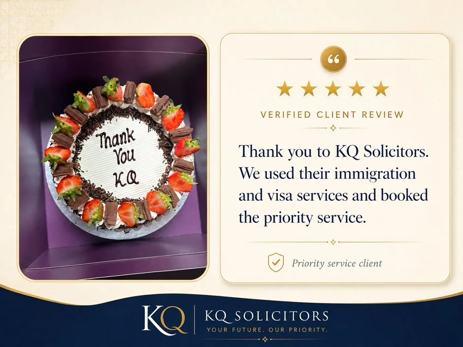 Priority service immigration client thank-you cake for KQ Solicitors