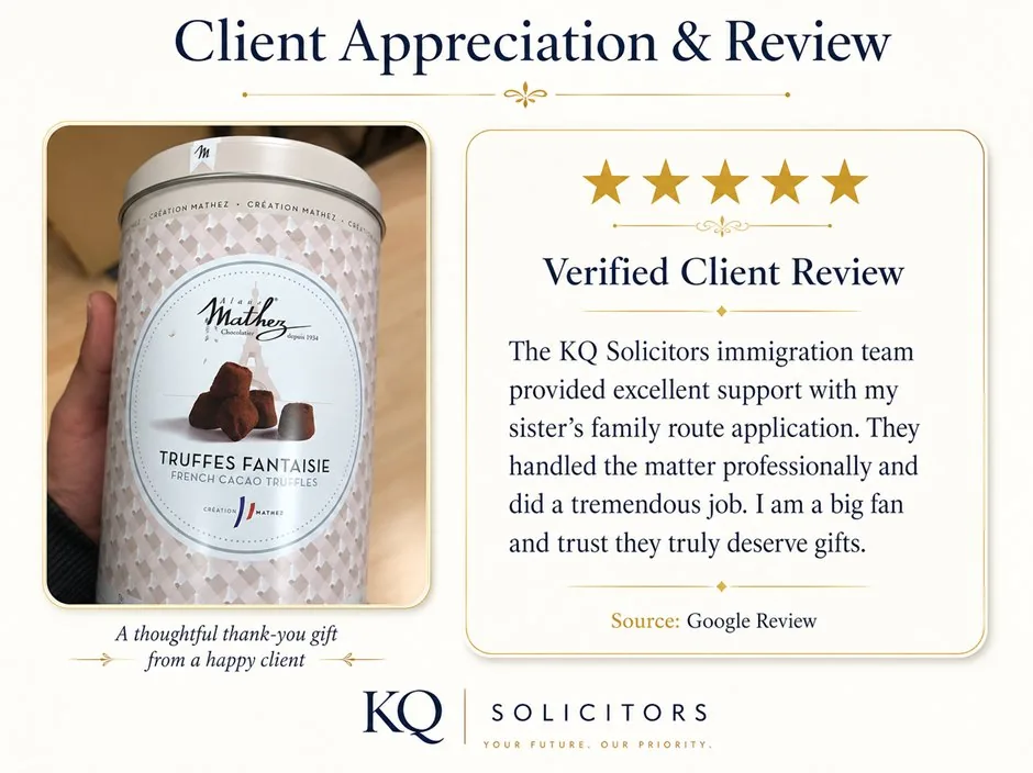 Family route client thank-you French chocolates for KQ Solicitors team