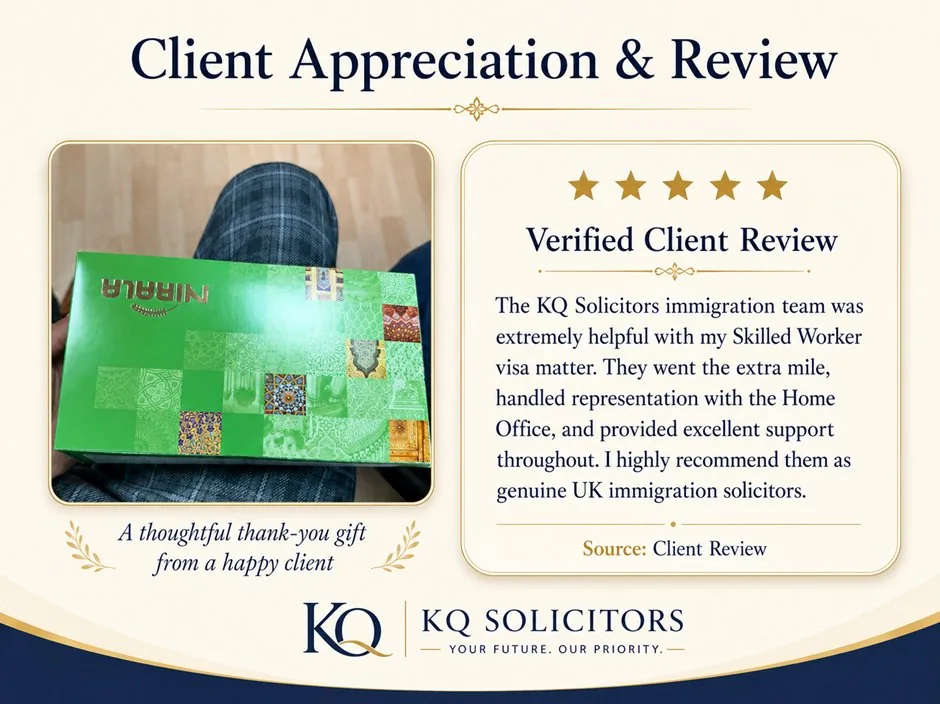 Skilled Worker visa client thank-you gift for KQ Solicitors immigration team
