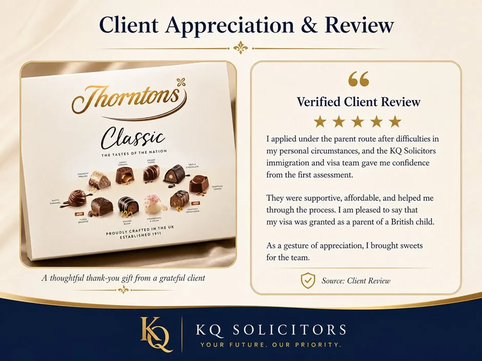 Parent route client thank-you chocolates for KQ Solicitors team